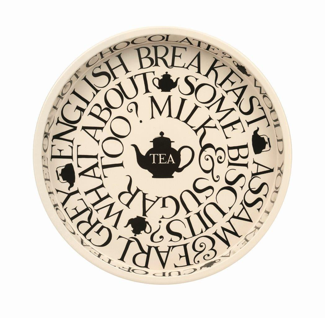 Emma Bridgewater Black Toast tin tray with tea related words in black lettering on cream and a teapot in the centre