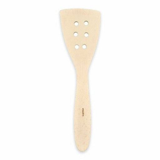 French Woodware beechwood curved perforated spatula with six holes