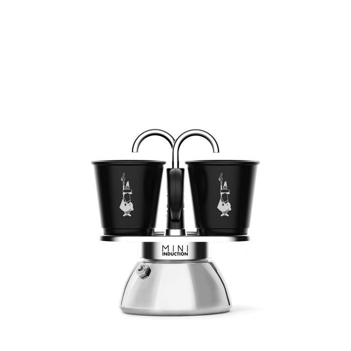 Bialetti Mini Express induction stovetop espresso maker, a black twin set on a chrome base
