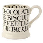 Emma Bridgewater Black Toast All Over Writing half pint mug with black lettering listing drinks and biscuits
