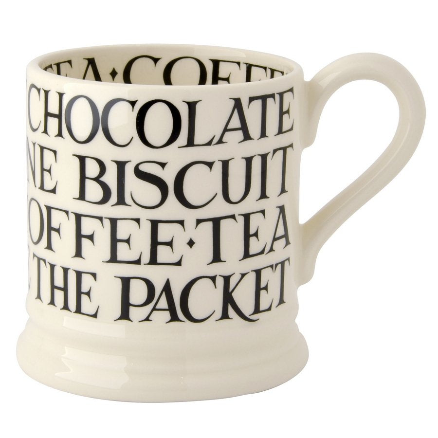 Emma Bridgewater Black Toast All Over Writing half pint mug with black lettering listing drinks and biscuits