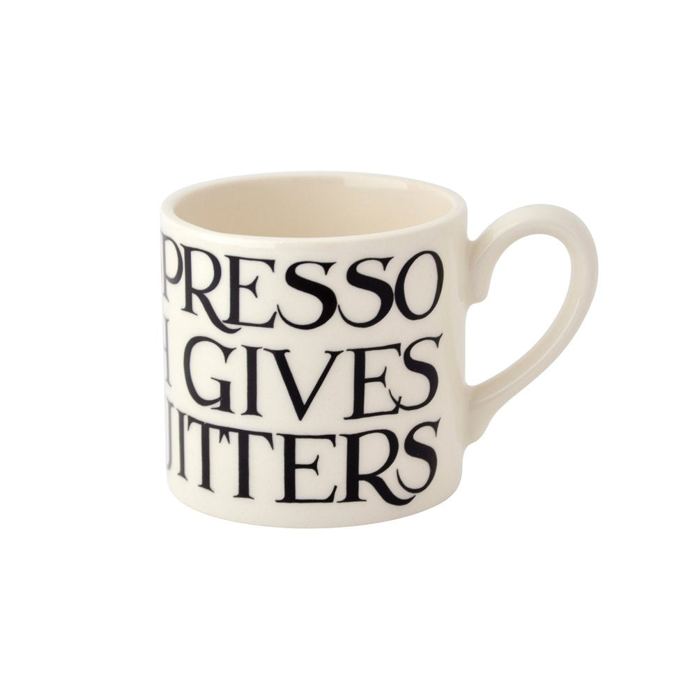 Emma Bridgewater Black Toast espresso mug with Espresso Gives Me Jitters lettering