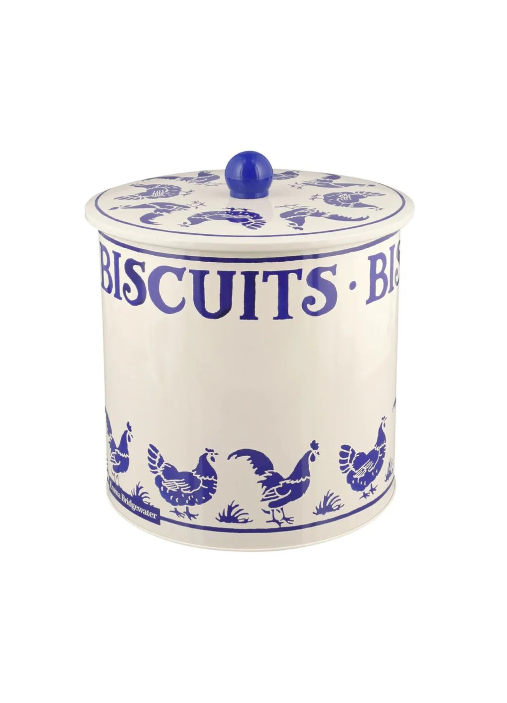 Emma Bridgewater Blue Little Hen biscuit barrel tin with blue hens and a blue knob on the lid