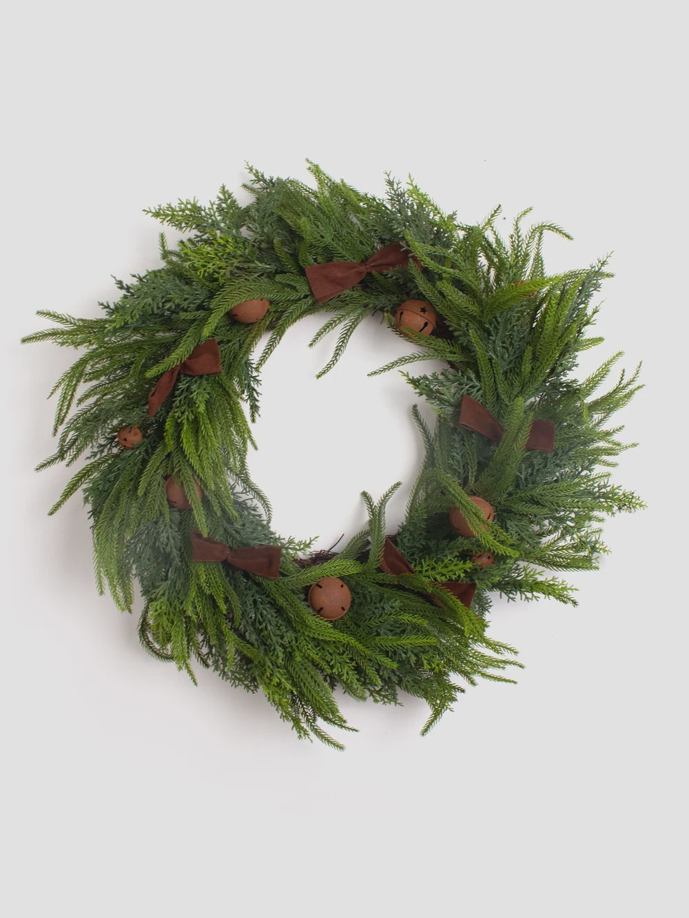 Mixed Pine Wreath Brown Velvet Bows & Bells