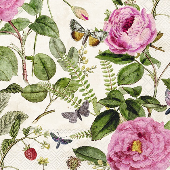 IHR cocktail napkin with a Mette botanical print of pink roses, ferns and butterflies