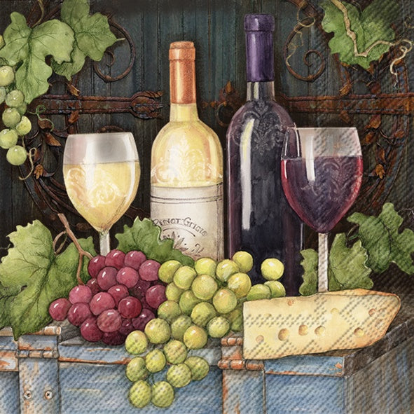 IHR luncheon napkin with a painting of red and white wine, grapes and cheese