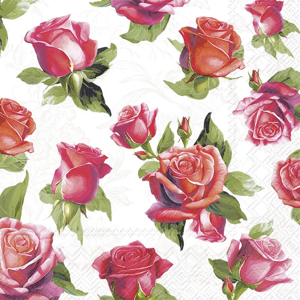 IHR Elegant Roses cocktail napkin with a painted pink rose pattern
