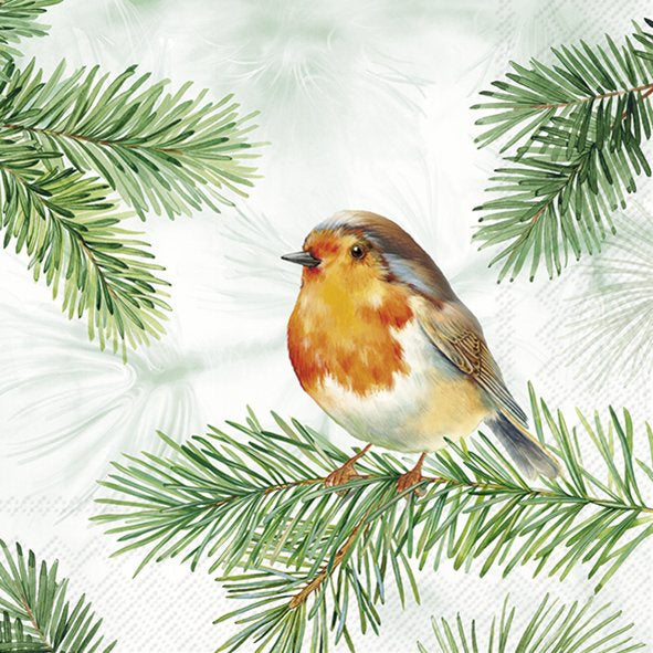 IHR Christmas luncheon napkin with a robin perched on a snowy pine branch