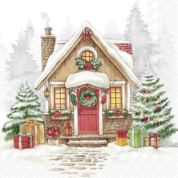 IHR Christmas cocktail napkin with a snowy Festive House scene, a wreath on the door and presents