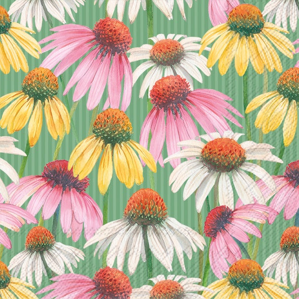 IHR cocktail napkin with pink, white and yellow coneflowers on a green striped background