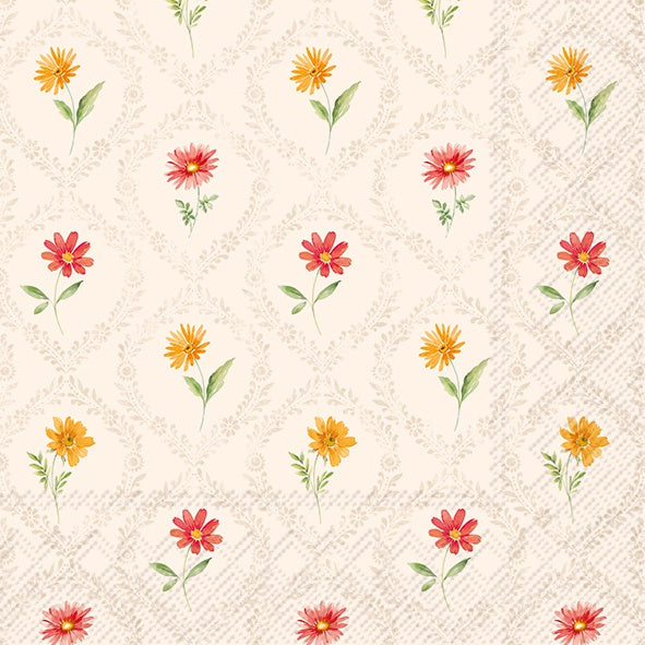 IHR cocktail napkin with small red and orange flowers on a cream trellis background