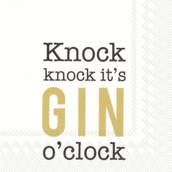 IHR cocktail napkin printed with the words Knock knock it's GIN o'clock in black and gold