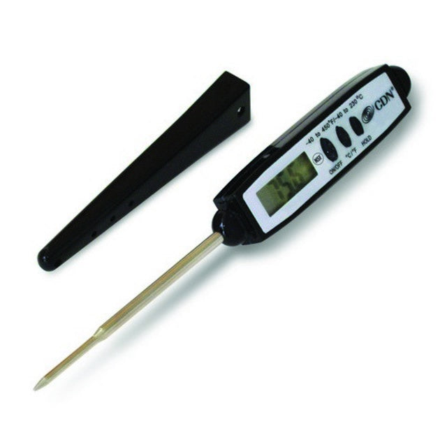 CDN Proaccurate digital pocket thermometer in black with a steel probe and a probe cover
