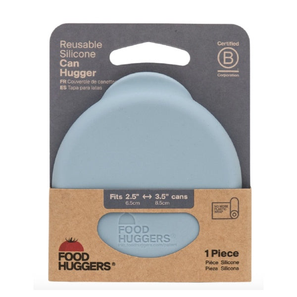 Food Huggers reusable silicone can hugger in pale blue, shown on its retail card