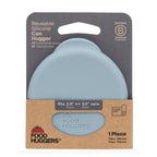 Food Huggers reusable silicone can hugger in pale blue, shown on its retail card