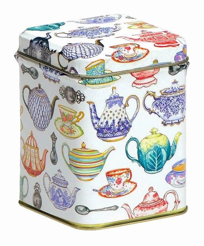 Elite square tin printed with teacups and teapots, with a lid