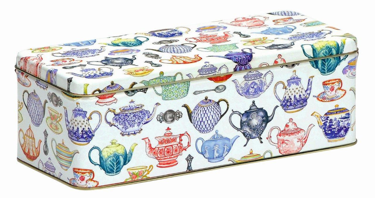 Elite Teacups & Teapots long deep rectangular tin with an illustrated pattern of vintage teaware