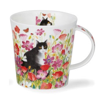 Dunoon Cairngorm Pretty Paws mug with a black and white cat in a wildflower meadow