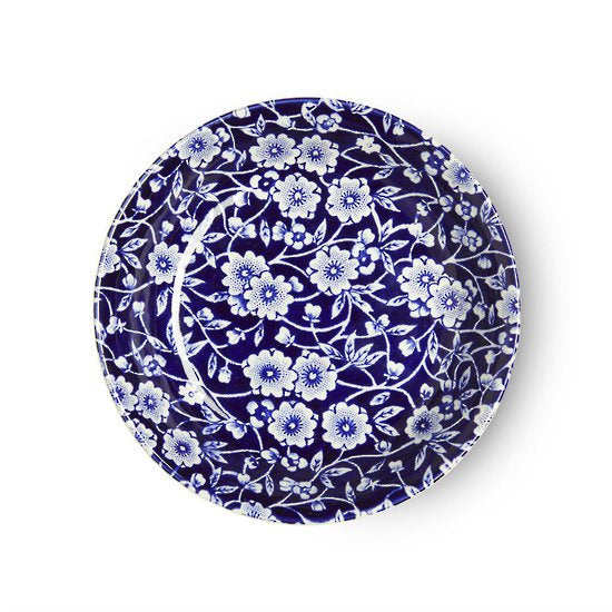 Burleigh Calico butter pat dish in blue and white with a flower and vine pattern