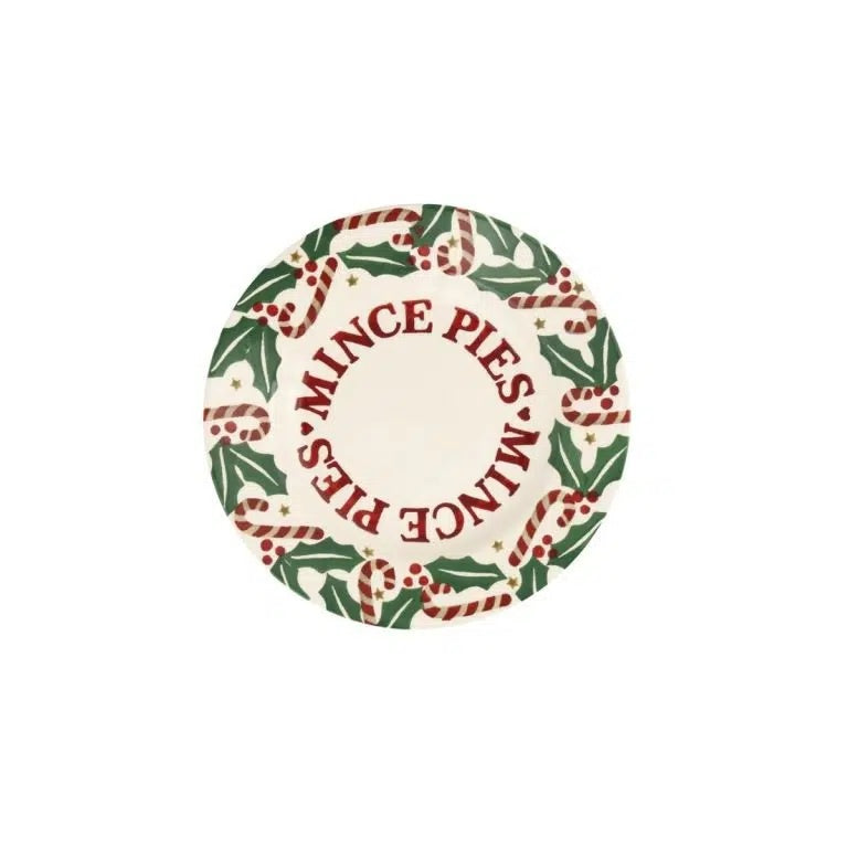 Emma Bridgewater Candy Canes 8 1/2 inch plate with MINCE PIES lettering and a border of candy canes and holly
