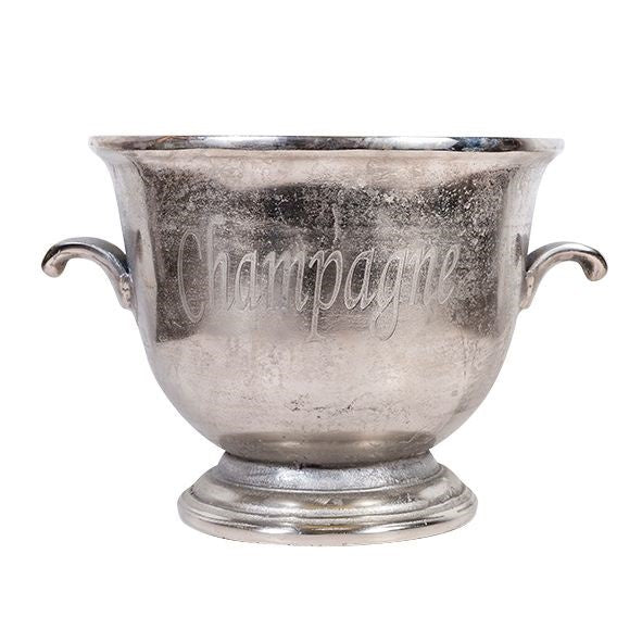 French Country champagne bucket in aged silver with two handles and Champagne lettering