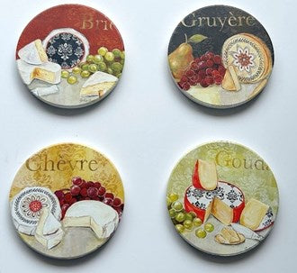 Salisbury set of four round ceramic cheese selection coasters painted with cheeses, fruit and cheese names