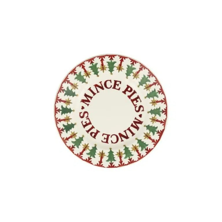 Emma Bridgewater Christmas Joy 8 1/2 inch plate with MINCE PIES lettering and a border of trees