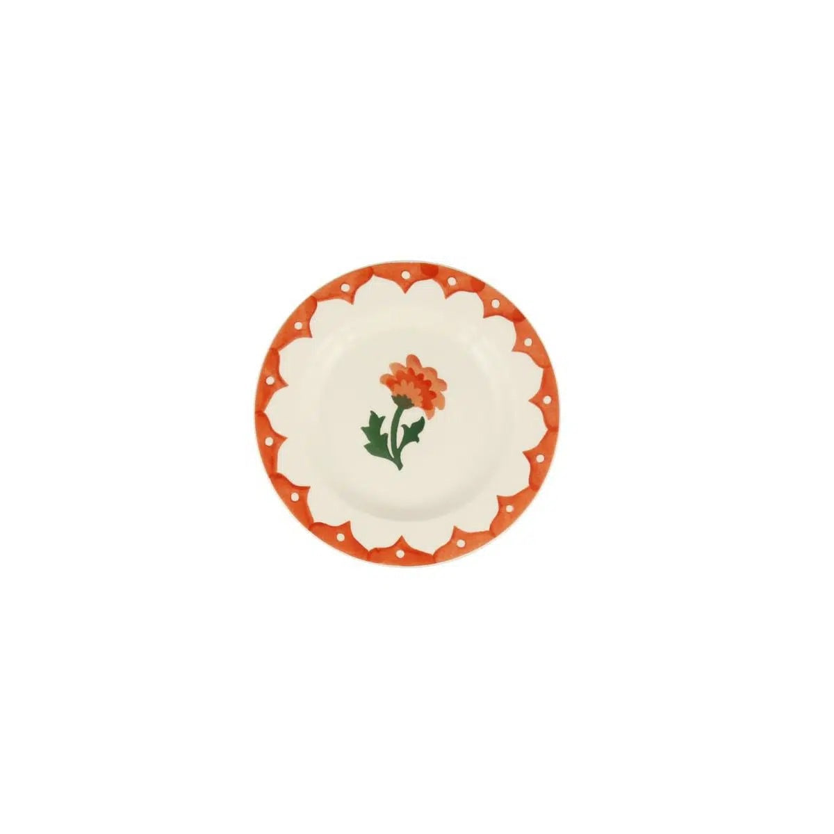 Emma Bridgewater Chrysanthemum 6 1/2 inch plate with an orange flower in the centre and a scalloped orange border