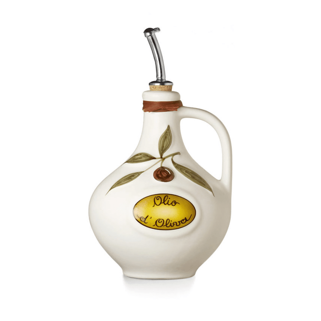 NuovaCER classic olive oil cruet in cream ceramic with an olive branch design and a steel pourer