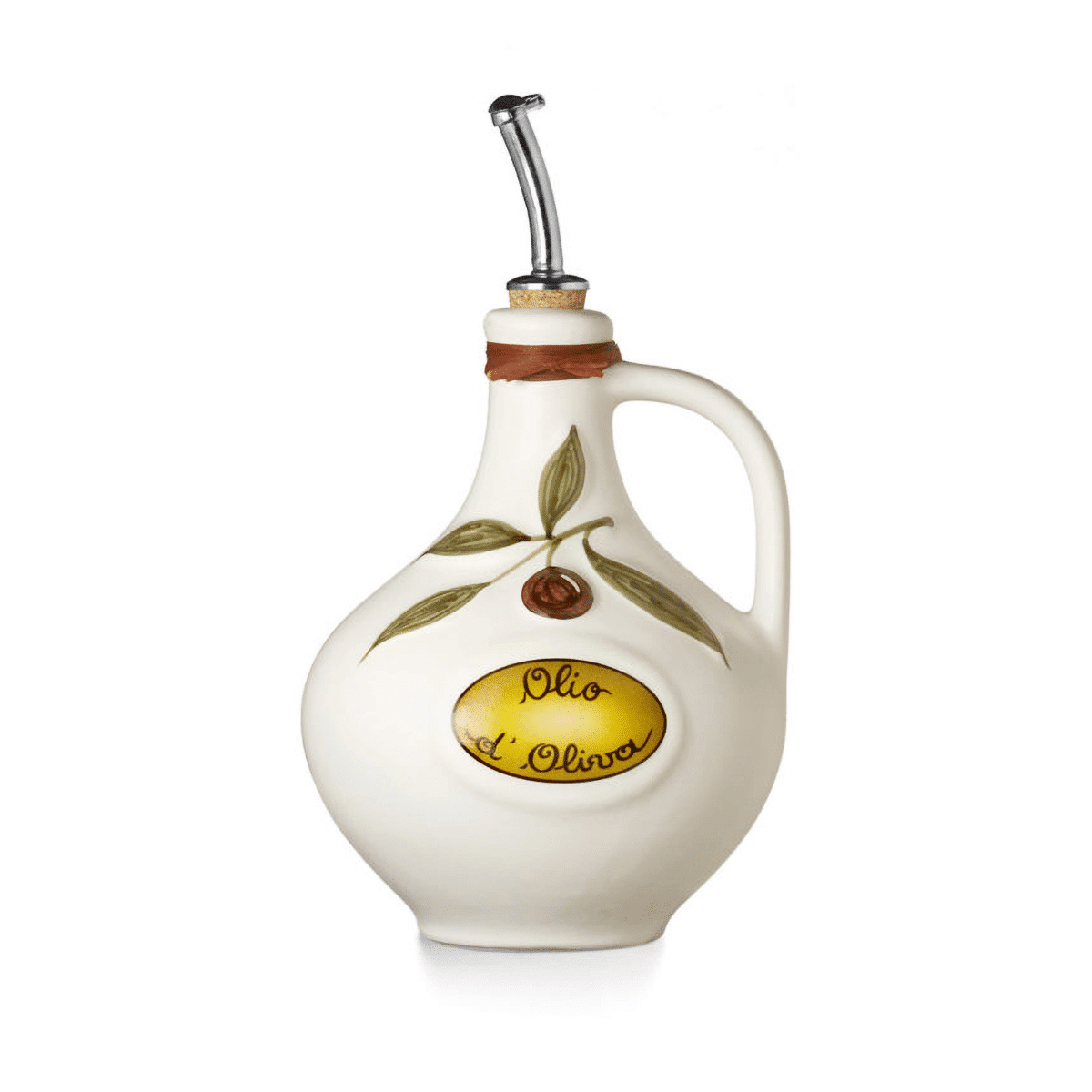NuovaCER classic olive oil cruet in cream ceramic with an olive branch design and a steel pourer