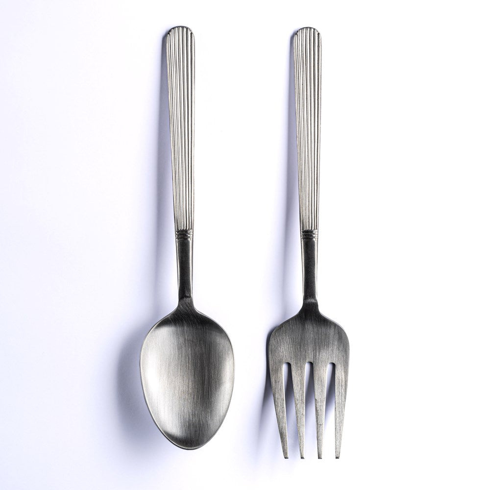 Salisbury classic salad servers, a spoon and fork with ribbed handles in a brushed finish