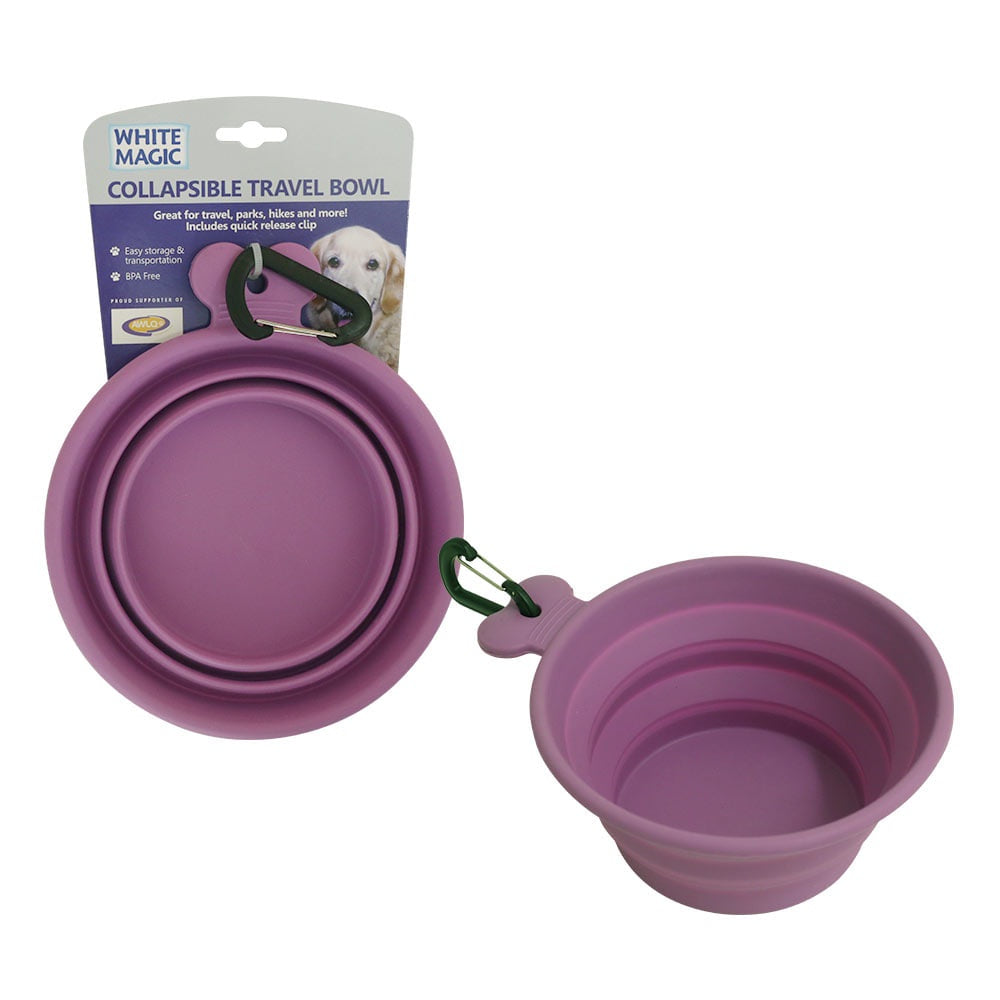 White Magic collapsible travel pet bowl in purple silicone, shown folded and expanded with a carabiner clip