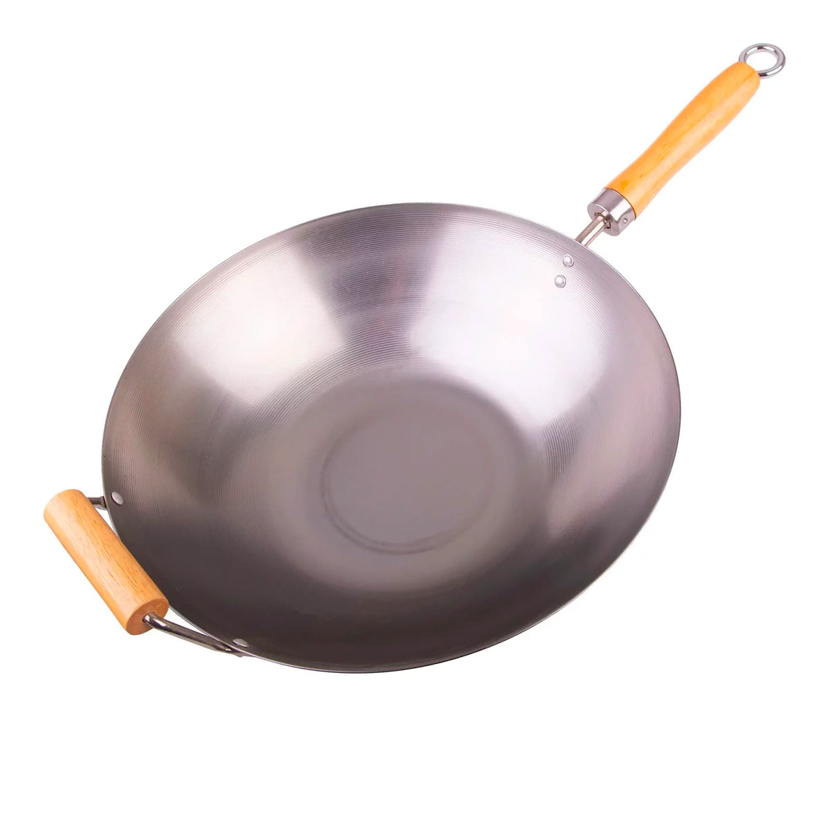 D Line carbon steel wok, 36cm, with a wooden handle and a side handle