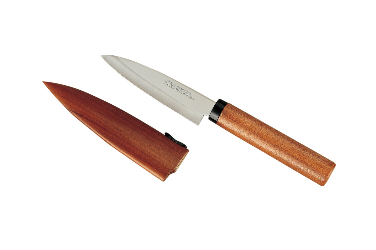 Kai fruit knife with a short steel blade and a wooden handle, shown with its wooden sheath