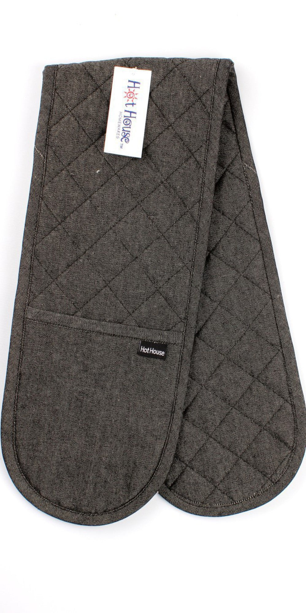 HotHouse denim double oven mitt in dark brown with a quilted texture
