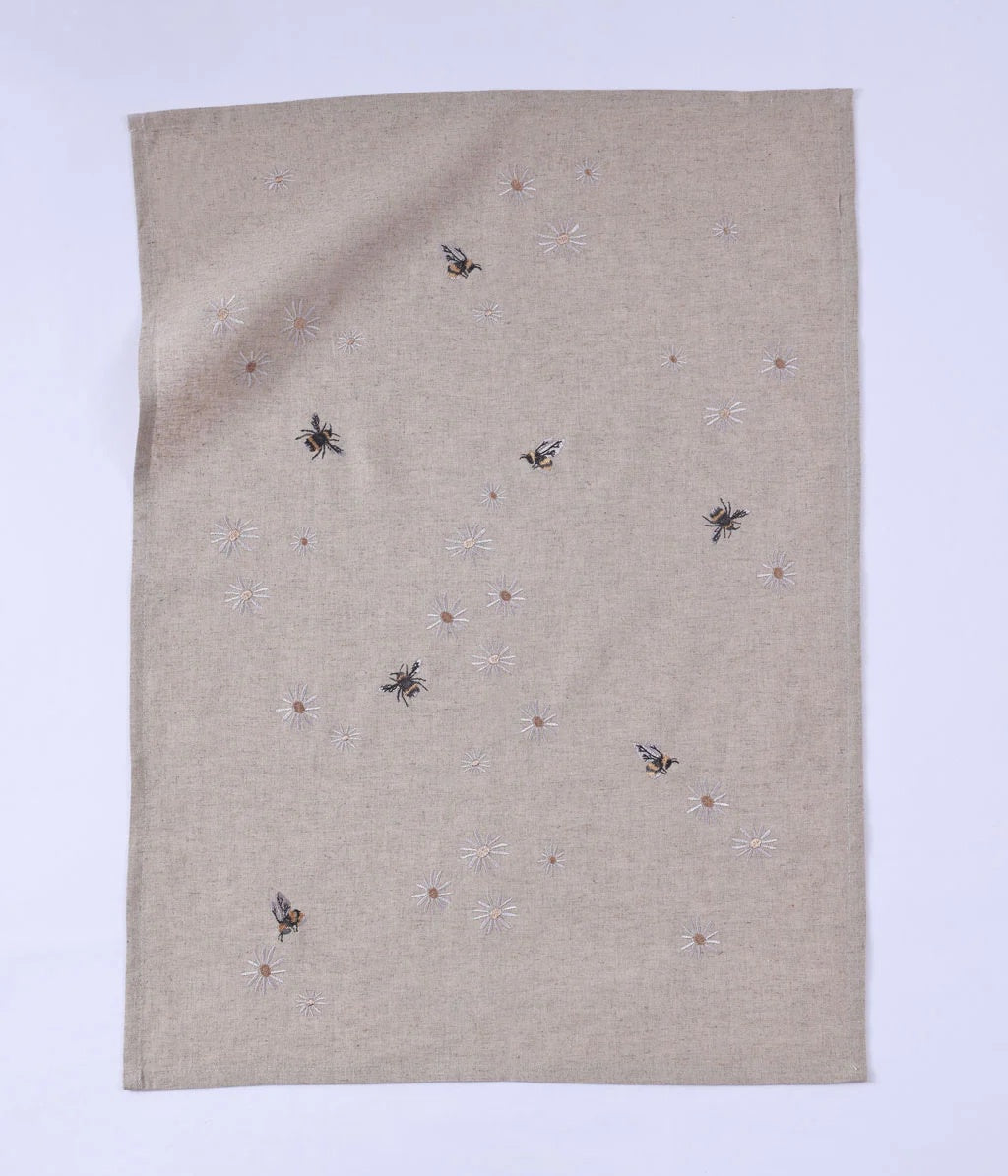 MM Linen Daisy Bee tea towel in natural linen with embroidered bees and daisies