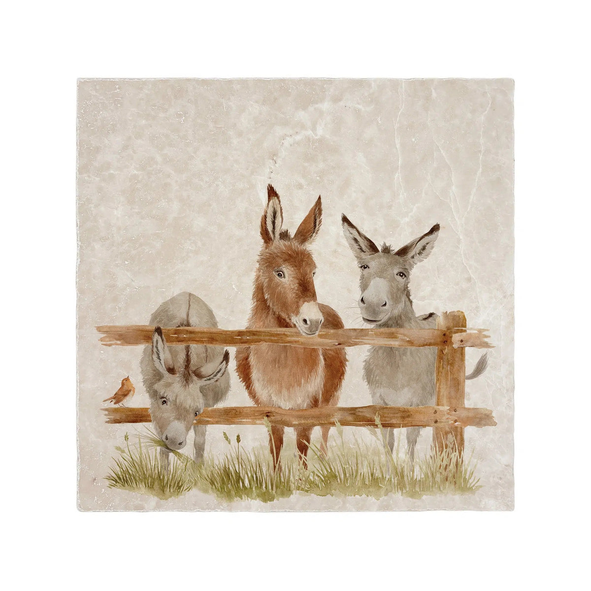 The Humble Hare The Donkey Line-Up large platter, a stone tile with two donkeys at a fence