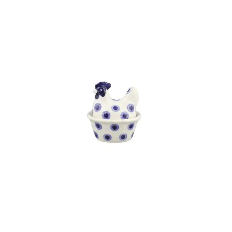 Emma Bridgewater Double Dot small hen on nest, a white ceramic hen with blue dots sitting on a small dish