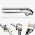Dreamfarm Garject garlic press in stainless steel, shown with close-ups of pressing garlic