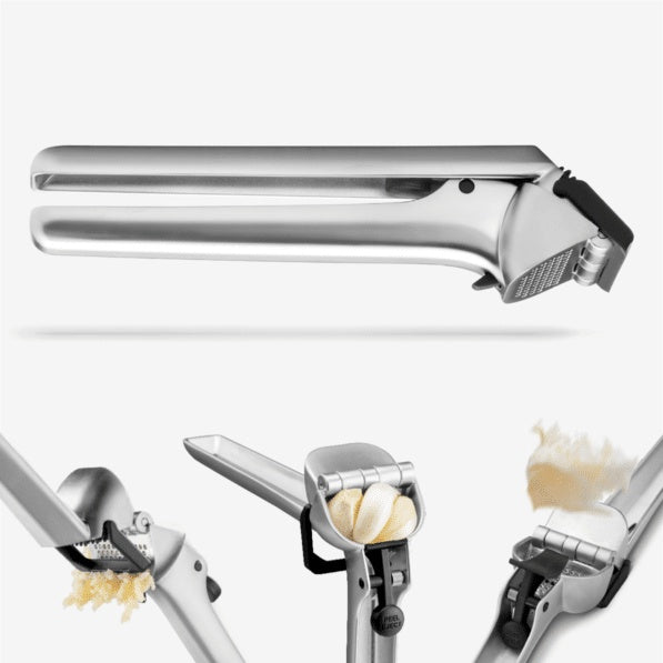 Dreamfarm Garject garlic press in stainless steel, shown with close-ups of pressing garlic