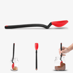 Dreamfarm Mini Supoon in black with a red silicone scoop, shown alone and scooping from small jars