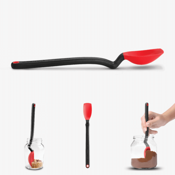 Dreamfarm Mini Supoon in black with a red silicone scoop, shown alone and scooping from small jars
