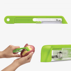 Dreamfarm Sharple peeler and knife in green, shown alone and being used to peel a potato