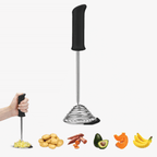 Dreamfarm Smood potato masher with a spring head and a black handle, shown with potatoes, avocado and pumpkin