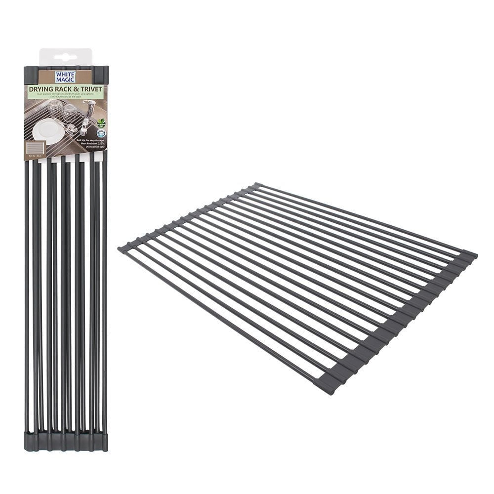 White Magic drying rack and trivet, a grey roll-up rack shown flat and rolled in its packaging