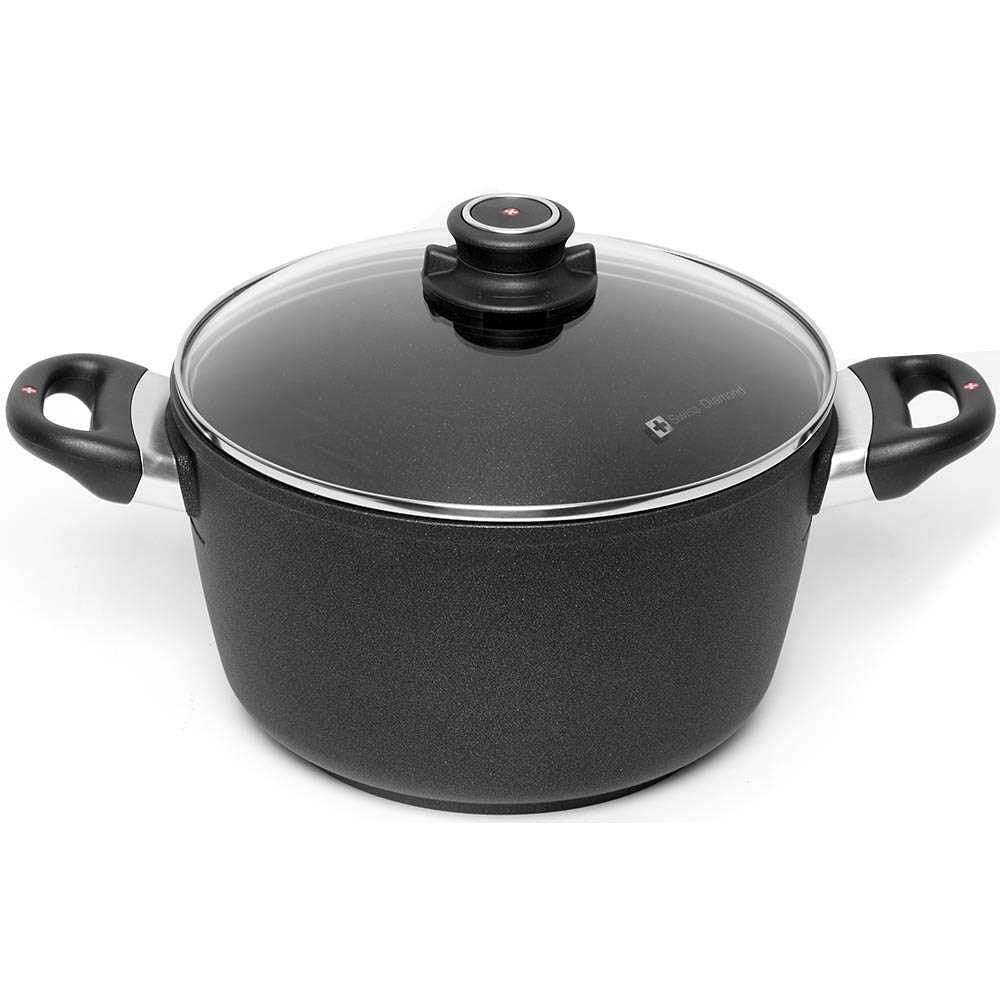 Swiss Diamond XD Classic induction soup pot with a glass lid, 5.2L, in black non-stick