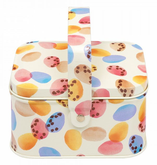 Emma Bridgewater Mini Eggs Easter basket tin with a carry handle and a pattern of speckled pastel eggs