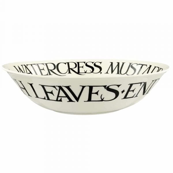 Emma Bridgewater Black Toast Mizuna salad bowl with black lettering listing salad greens