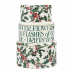 Emma Bridgewater Holly round tins, a nested stack of three with holly and berries and Winter flowers lettering