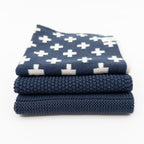 Ecovask dishcloth variety three pack in navy with a white cross pattern, folded